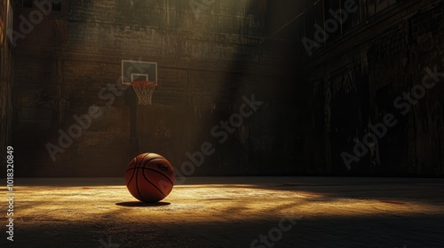 A single basketball sits quietly on an aged court, lit by a dramatic light source. photo