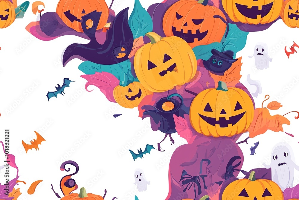 Halloween themed background with pumpkins, ghosts and jack o lanterns, white space in the center for text Halloween themed background with pumpkins, ghosts and jack o lanterns, white space in the center for text