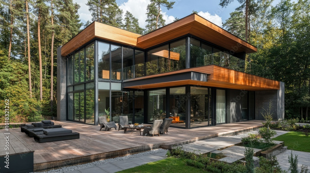 A stylish modern home with a wooden exterior and expansive glass windows. A stylish modern home with a wooden exterior and expansive glass windows.