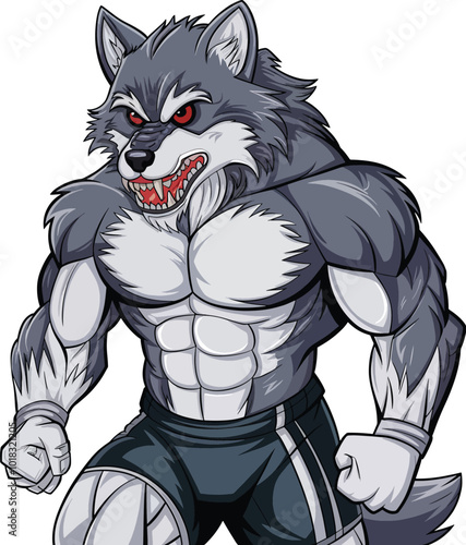 A angry wolf sharp teeth chest bodybuilder monster beast mascot logo vector illustration
