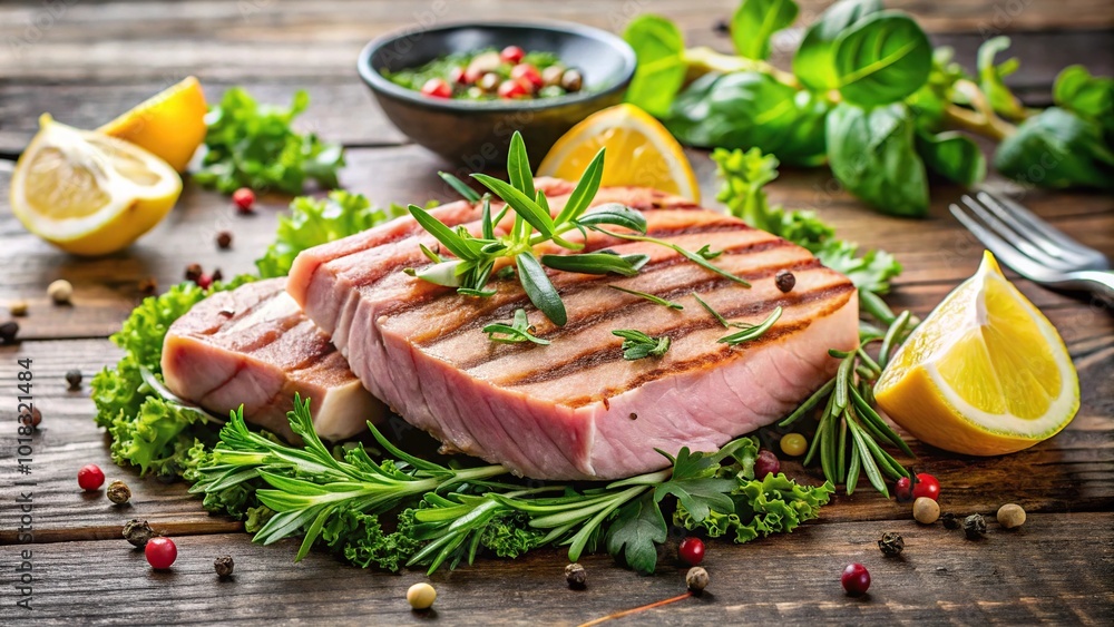 Freshly grilled tuna with herbs, lemon and salad on a table Freshly grilled tuna with herbs, lemon and salad on a table