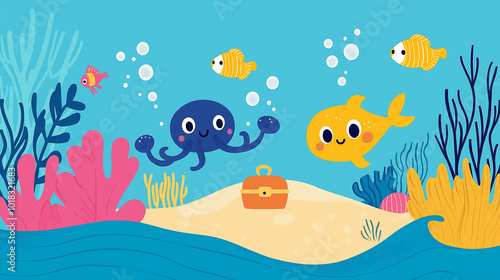 Joyful children's drawing of a magical underwater world. Include colorful fish, a friendly octopus, coral reefs, and maybe a small treasure chest. The style should be playful, with wavy lines.