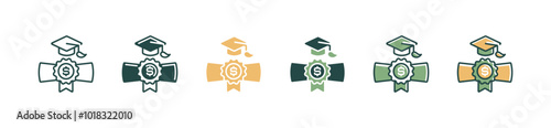 diploma scroll with graduation hat icon set university cost education scholarship graduate certificate badge signs vector illustration