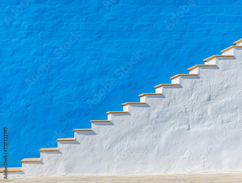 A set of stairs ascending a large blue wall