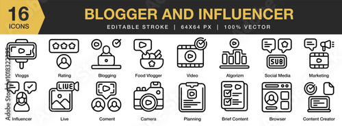 Blogger And Influencer icon set. Editable Stroke Icon Collection. Includes algorithm, blogging, brief content, browser, camera, and More. Outline icons vector collection.