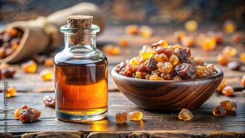 Freshly harvested guggul resin with a small bottle of guggul extract Silhouette