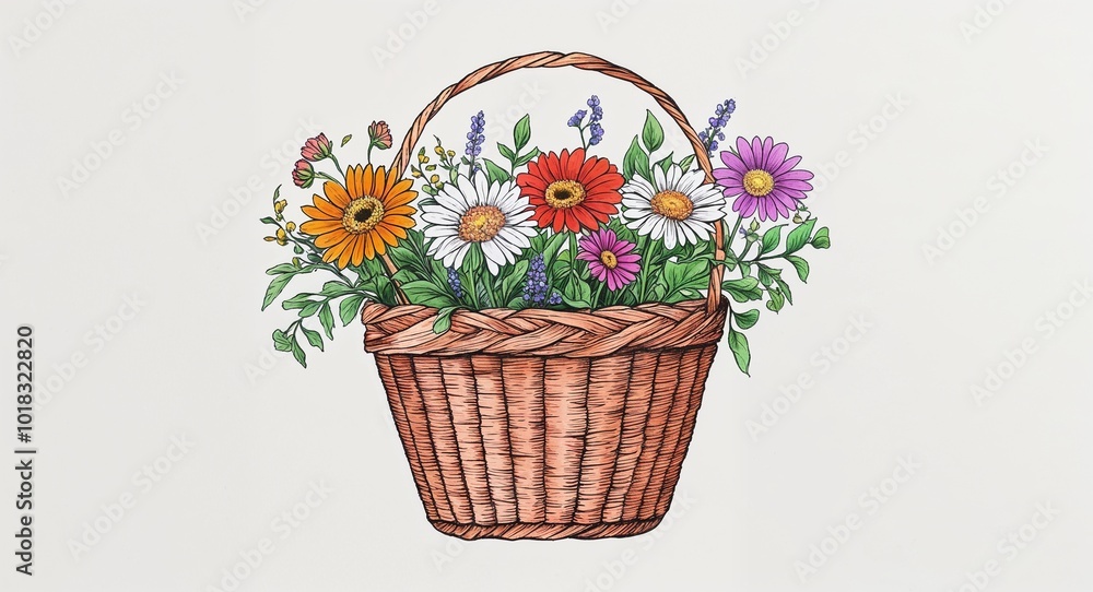 Hand drawing clipart of a basket of flowers on plain white background Hand drawing clipart of a basket of flowers on plain white background
