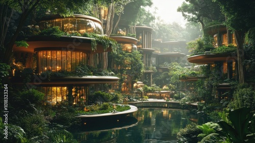 A futuristic, sustainable city nestled within a lush forest, featuring circular buildings with large windows and a winding pond.