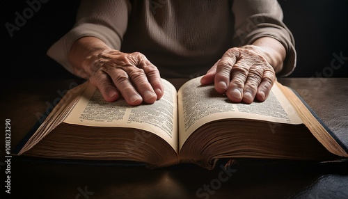 A pair of elderly hands cupping an open Bible photo