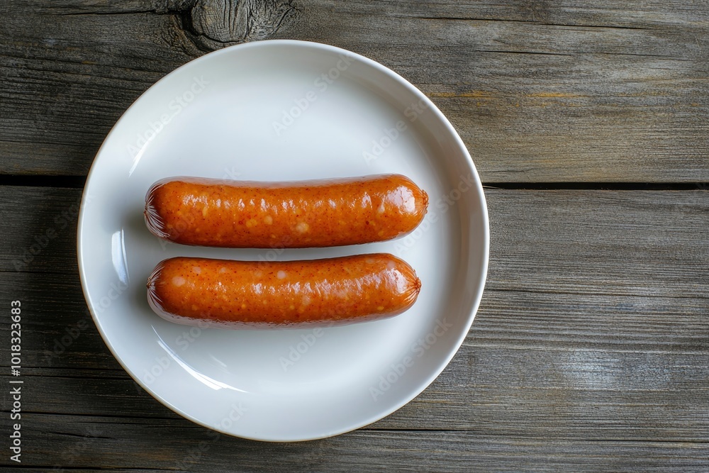 Three boiled sausages in white plate on wooden table - generative ai Three boiled sausages in white plate on wooden table - generative ai