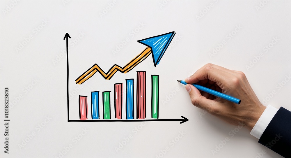 Hand drawing clipart of a business graph arrow up on plain white ...