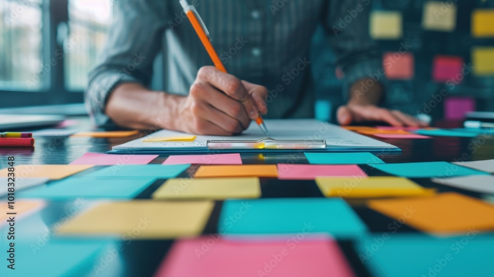 Person writing on paper surrounded by colorful sticky notes and organizing ideas Person writing on paper surrounded by colorful sticky notes and organizing ideas