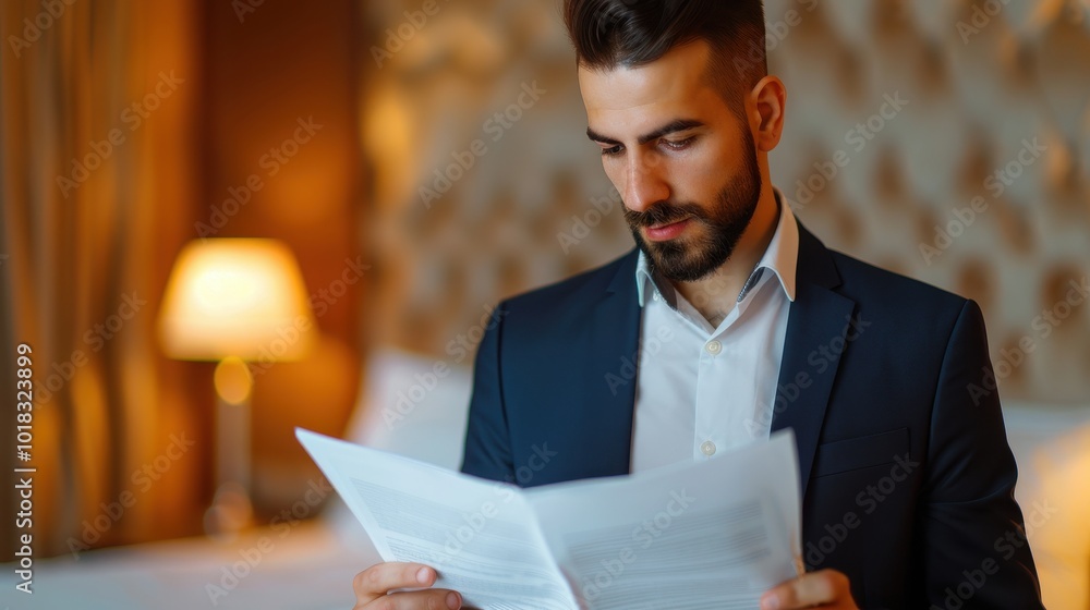 Businessman reading documents in a hotel room with warm lighting in the background Businessman reading documents in a hotel room with warm lighting in the background