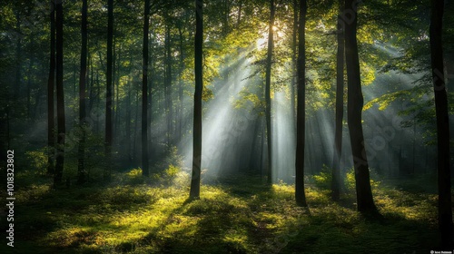 Sunlight beams through the trees in a dense forest, illuminating the mossy ground.