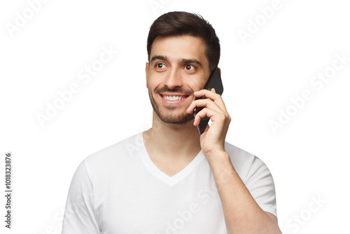 Young handsome man wearing white t-shirt and talking on phone with positive smile