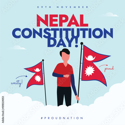 Nepal Constitution Day. 9th November Nepal constitution day celebration banner with its flags, man wearing flag colour shirt. The day recalls the adoption of the 2015 constitution of Nepal. 