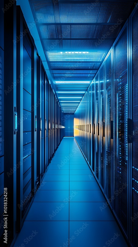 A large server room with rows of high-tech, glowing computer equipment A large server room with rows of high-tech, glowing computer equipment