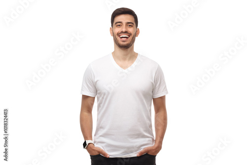 Young handsome laughing man dressed in casual white t-shirt