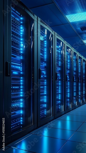 A large server room with rows of high-tech, glowing computer equipment