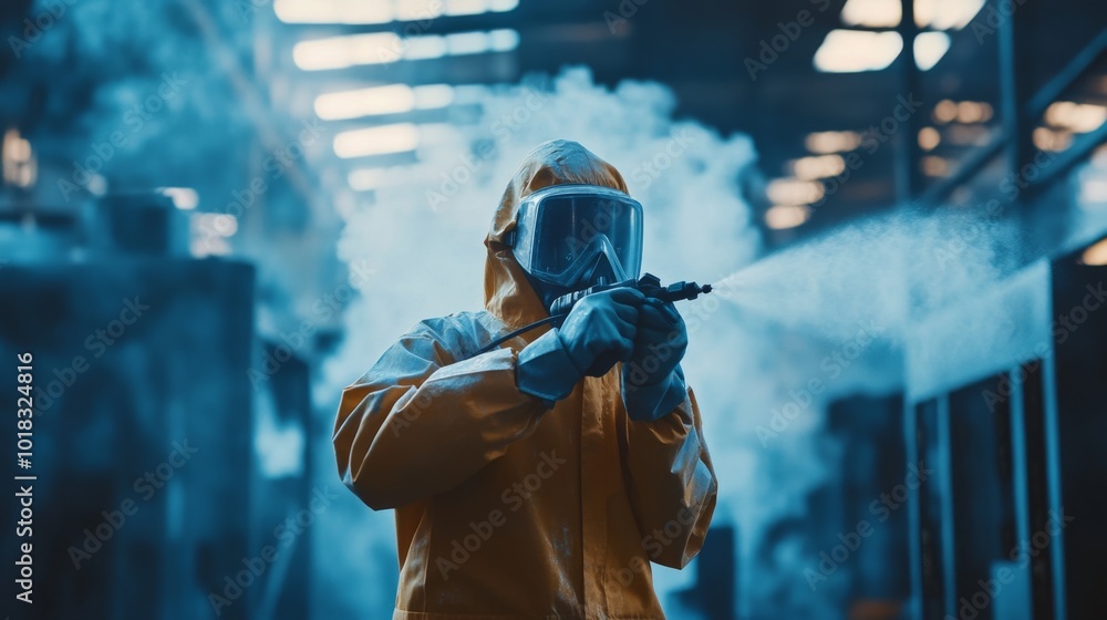 Worker in Protective Gear Spraying in Industrial Environment Worker in Protective Gear Spraying in Industrial Environment