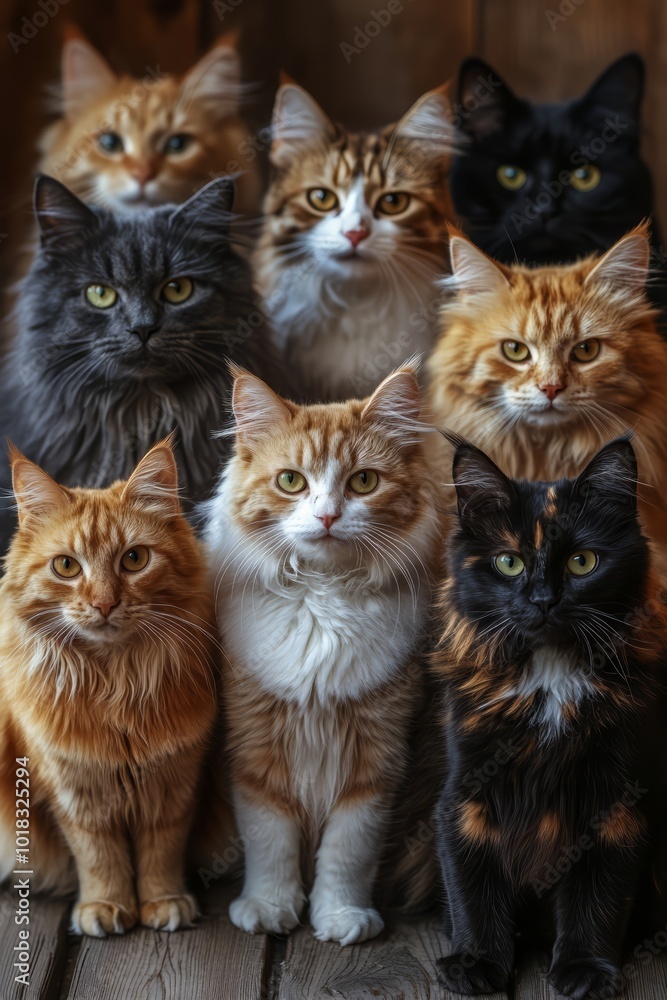 A group of cats of different breeds sitting together. A group of cats of different breeds sitting together.