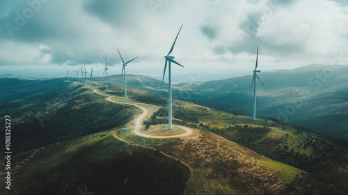 An aerial shot of tall wind turbines scattered across rolling hills. photo