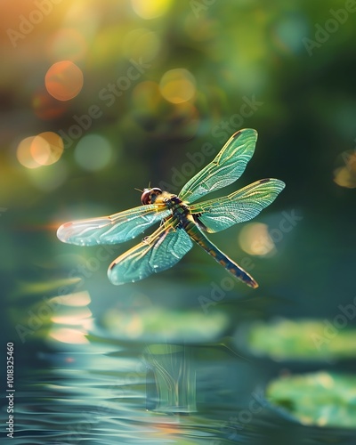 Iridescent Dragonfly Hovering Above Serene Pond Capturing Nature s Balance photo