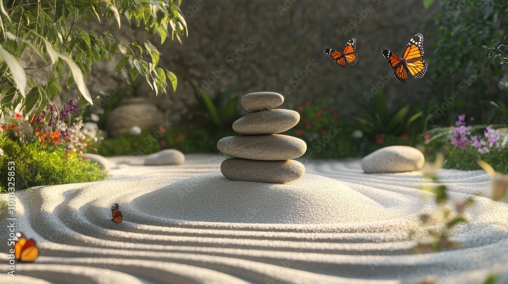 A serene garden scene featuring stacked stones, gentle sand patterns, colorful butterflies, and lush greenery, evoking tranquility and natural beauty. A serene garden scene featuring stacked stones, gentle sand patterns, colorful butterflies, and lush greenery, evoking tranquility and natural beauty.