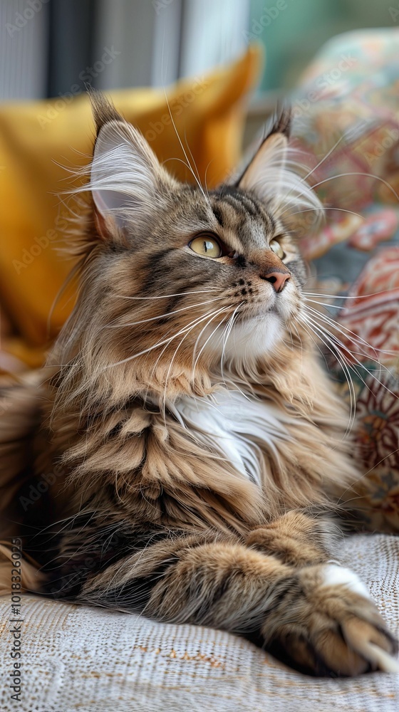 A close-up of a majestic Maine Coon cat relaxing comfortably on a cushion, showcasing its long fur and intense gaze. A close-up of a majestic Maine Coon cat relaxing comfortably on a cushion, showcasing its long fur and intense gaze.