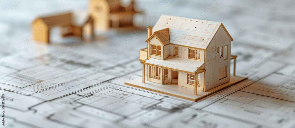 close up small wood model on drawing draft modern home concept creative close up small wood model on drawing draft modern home concept creative