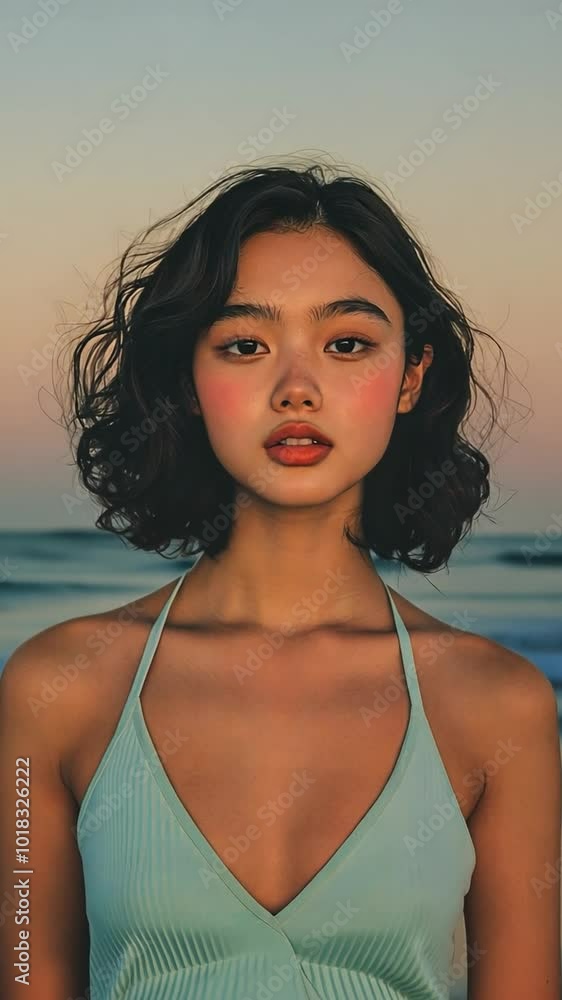 夕暮れのビーチでのモデル撮影、自然な正面からのショット