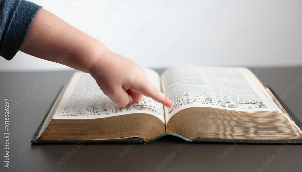 Obraz premium A small child's hand lightly touching an open Bible