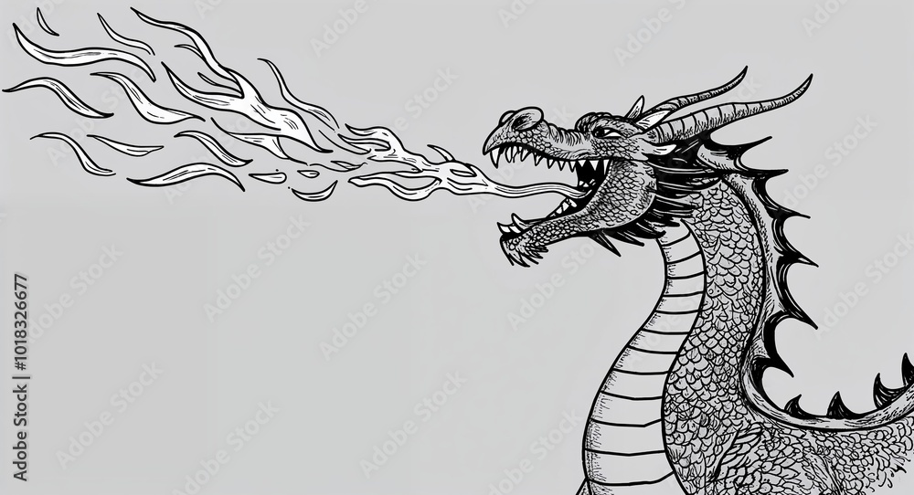 Hand drawing clipart of a dragon breathing fire on plain white background Hand drawing clipart of a dragon breathing fire on plain white background
