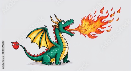 Hand drawing clipart of a dragon breathing fire on plain white background photo