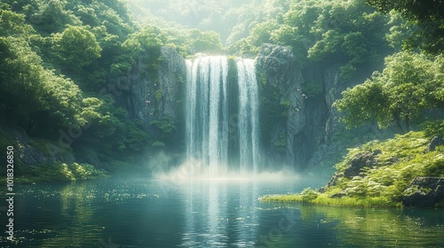 a serene cascading waterfall plummets into a still green lake enveloped in lush foliage and a gentle mist creating a tranquil scene of natural beauty and serenity