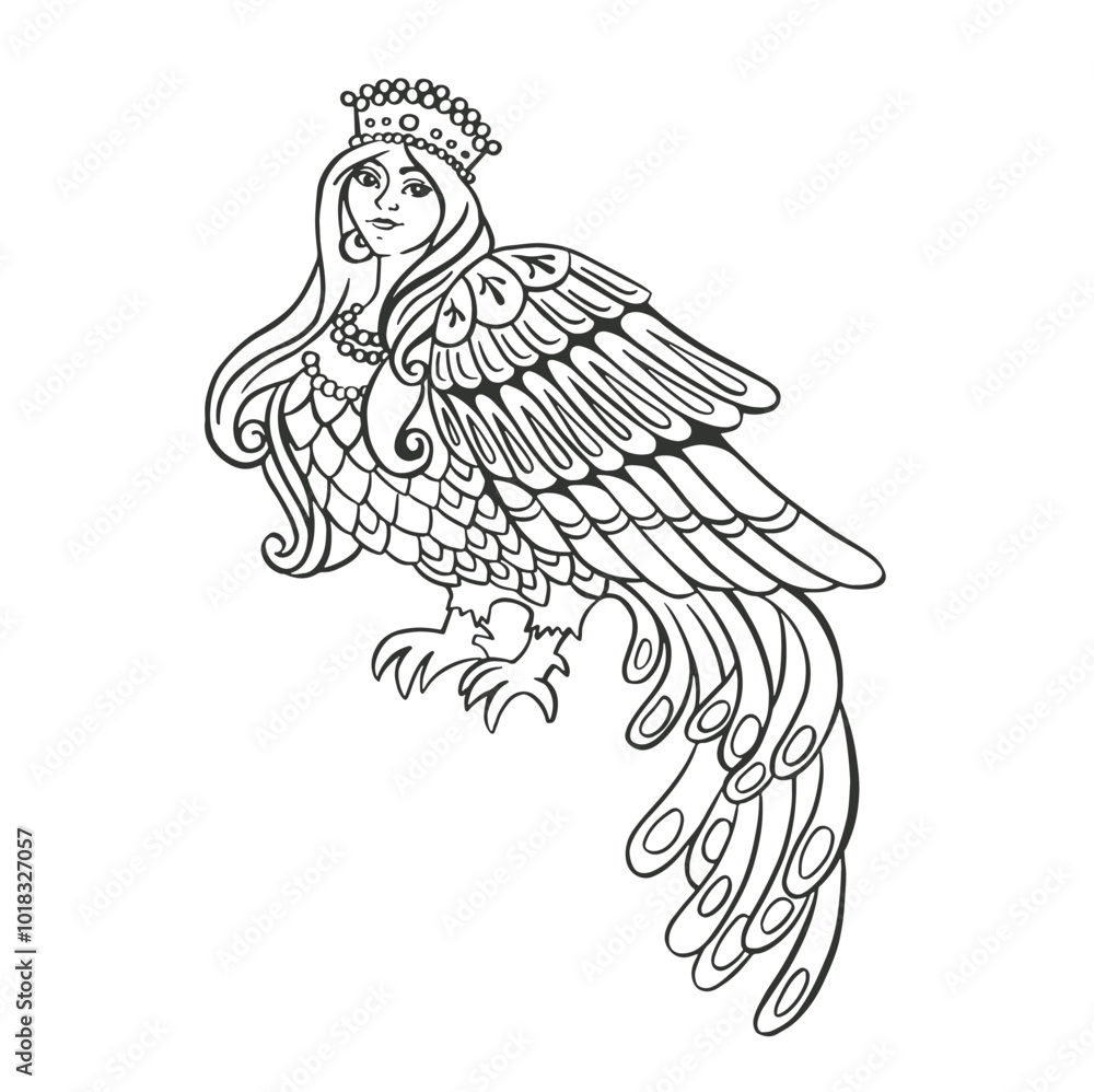 sirin bird, female bird, bird of happiness coloring outline sirin bird, female bird, bird of happiness coloring outline