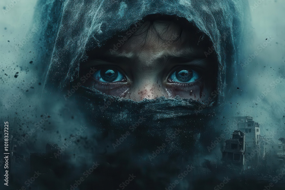 haunting portrait of refugee child tearstained face wartorn cityscape monochromatic with subtle color accents haunting portrait of refugee child tearstained face wartorn cityscape monochromatic with subtle color accents