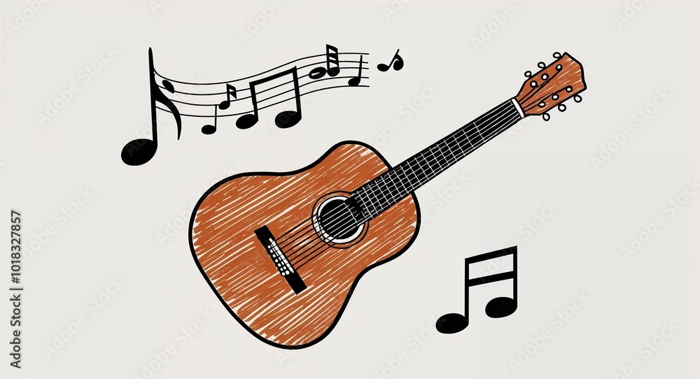 Obraz premium Hand drawing clipart of a guitar and music notes on plain white background