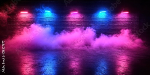 Neon Lights Illuminate a Foggy Brick Wall Setting