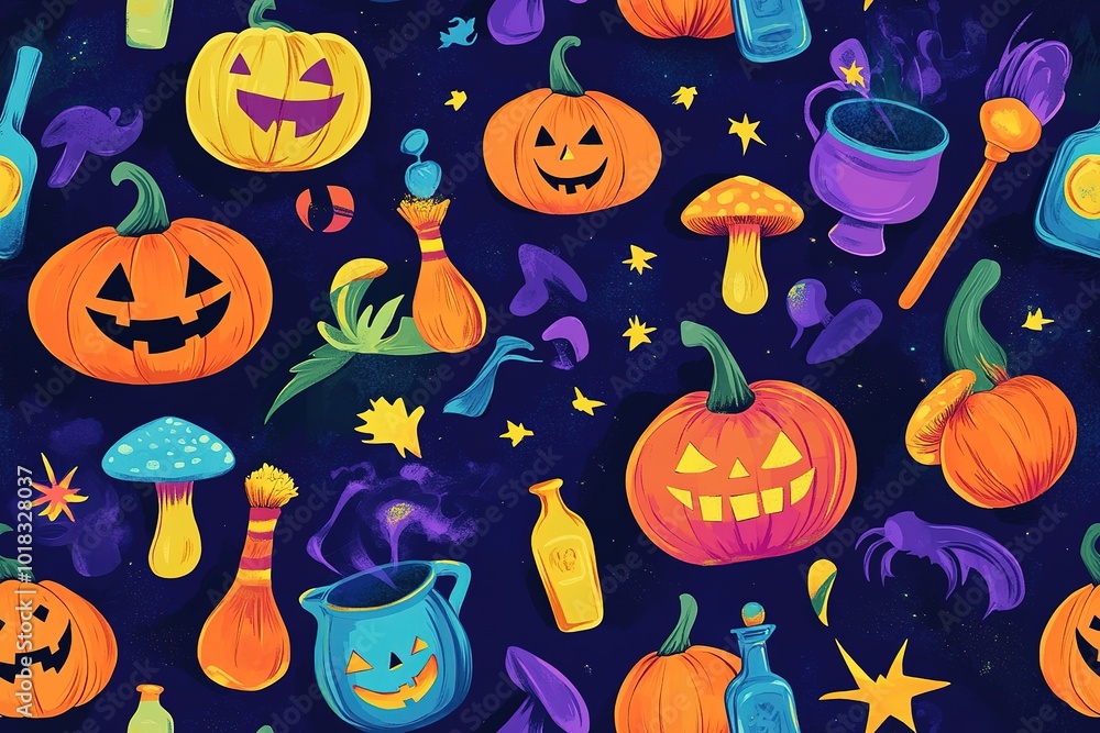 A vibrant and colorful cartoon-style pattern featuring playful pumpkins A vibrant and colorful cartoon-style pattern featuring playful pumpkins