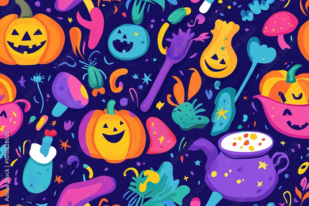 A vibrant and colorful cartoon-style pattern featuring playful pumpkins A vibrant and colorful cartoon-style pattern featuring playful pumpkins