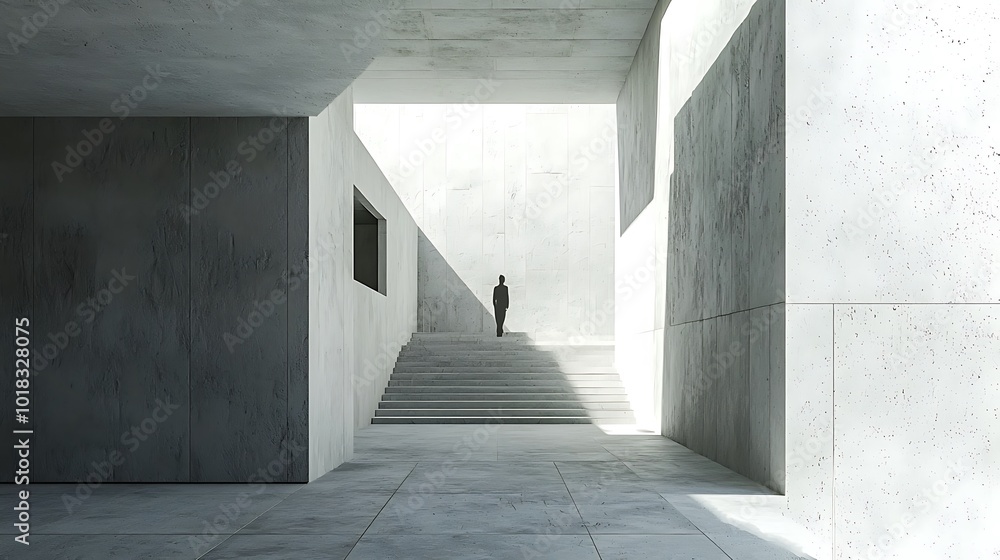 Minimalist concrete architecture with a lone figure walking up stairs. Minimalist concrete architecture with a lone figure walking up stairs.