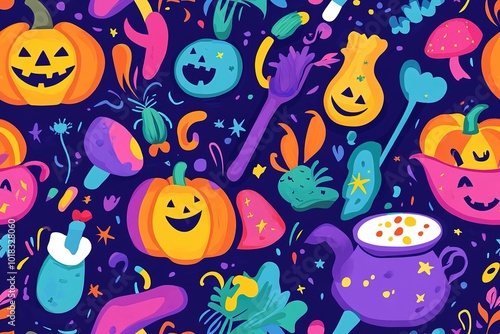 A vibrant and colorful cartoon-style pattern featuring playful pumpkins