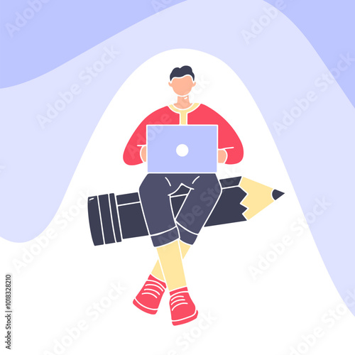 young man sitting on a pencil,creative idea discovery concept