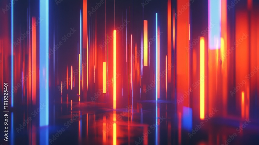 Blue and orange lights pulse through digital bars, creating a dynamic digital flow environment. Blue and orange lights pulse through digital bars, creating a dynamic digital flow environment.