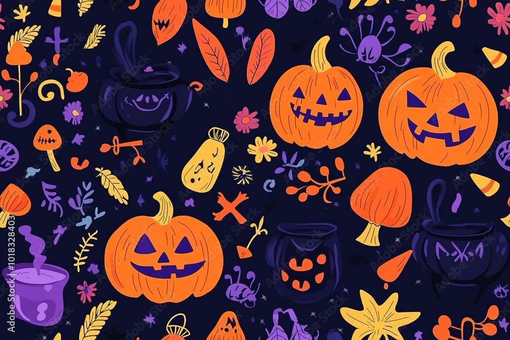 A vibrant and colorful cartoon-style pattern featuring playful pumpkins