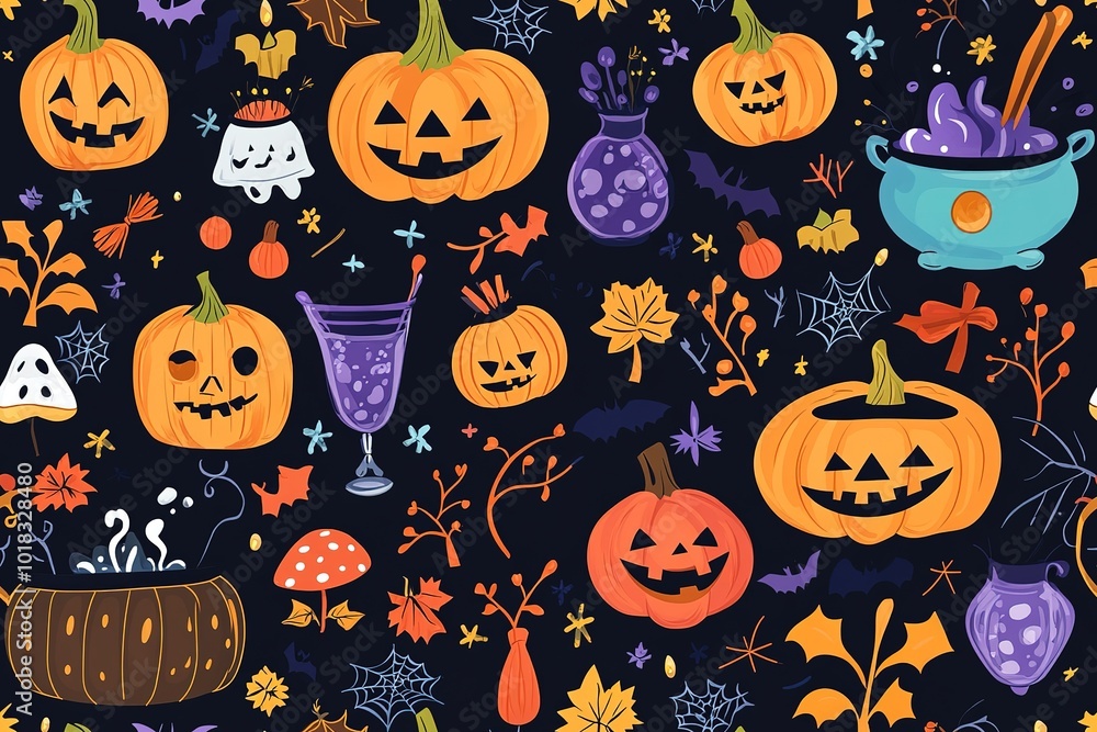 Halloween sweater design, featuring pumpkins and Nordic patterns on a black background Halloween sweater design, featuring pumpkins and Nordic patterns on a black background