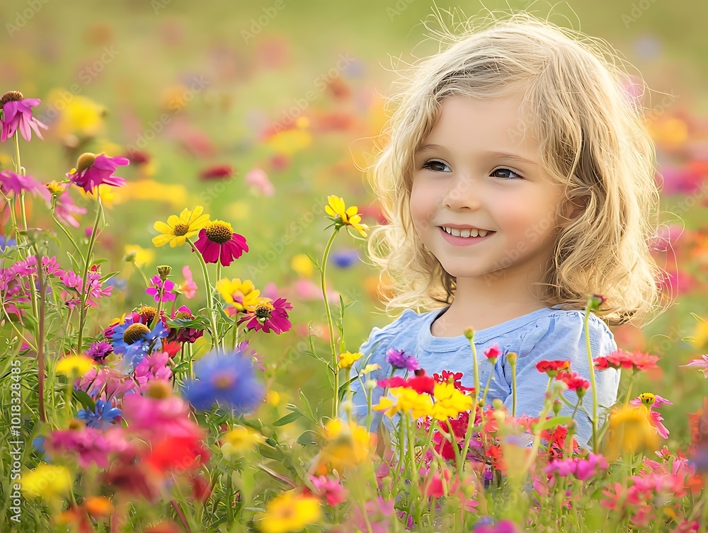 Smiling girl in a field of colorful wildflowers. Smiling girl in a field of colorful wildflowers.