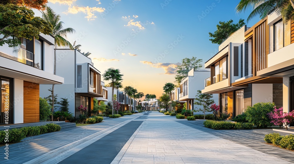 Fototapeta premium Modern homes on a quiet suburban street.