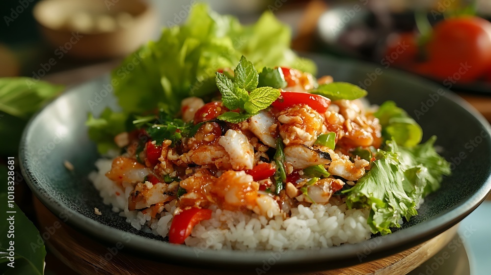 Spicy stir-fried dish with rice, peppers, and greens. Spicy stir-fried dish with rice, peppers, and greens.
